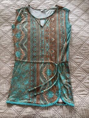 Sleeveless Printed Mini Dress in Teal and Brown